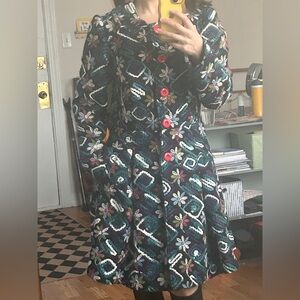 RARE Nick & Mo ModCloth Embroidered Coat with Red Buttons